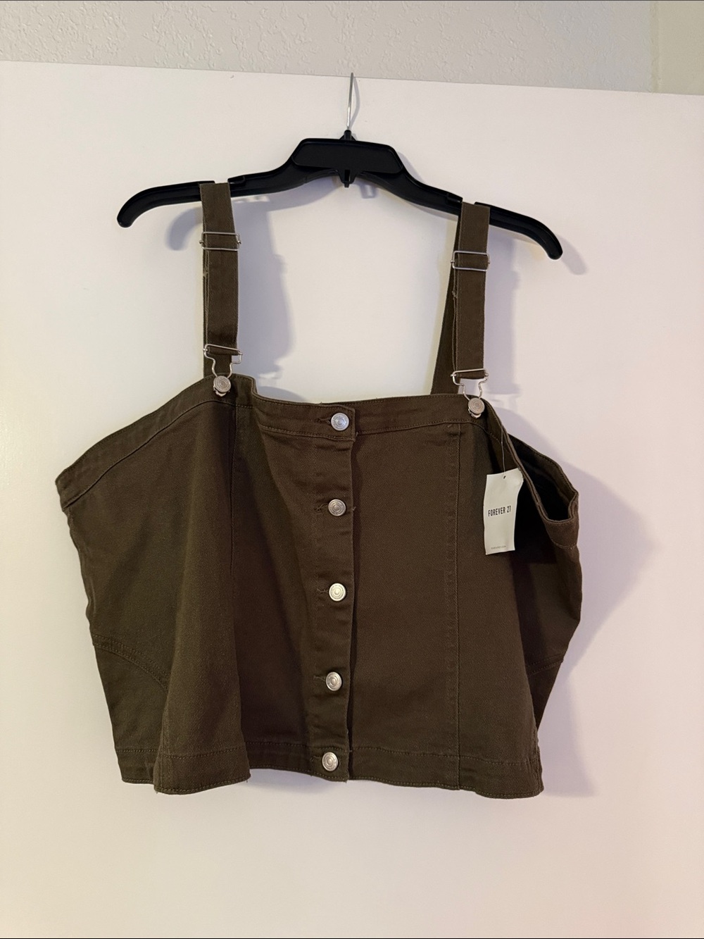 Forever 21 Plus BNWT Size 3X Button-Front Cropped Suspender Top in Olive Brown